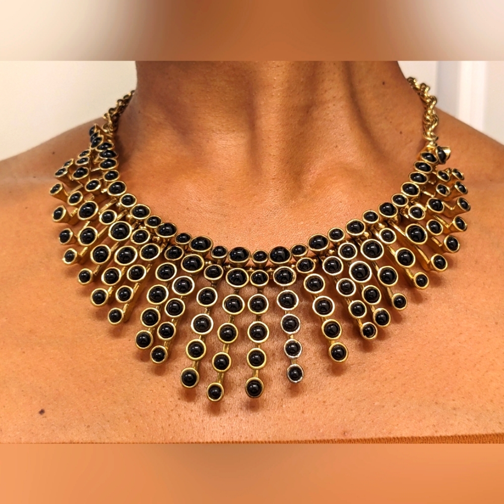 Vintage Ann Taylor Black & Gold-tone Bib Statement Necklace